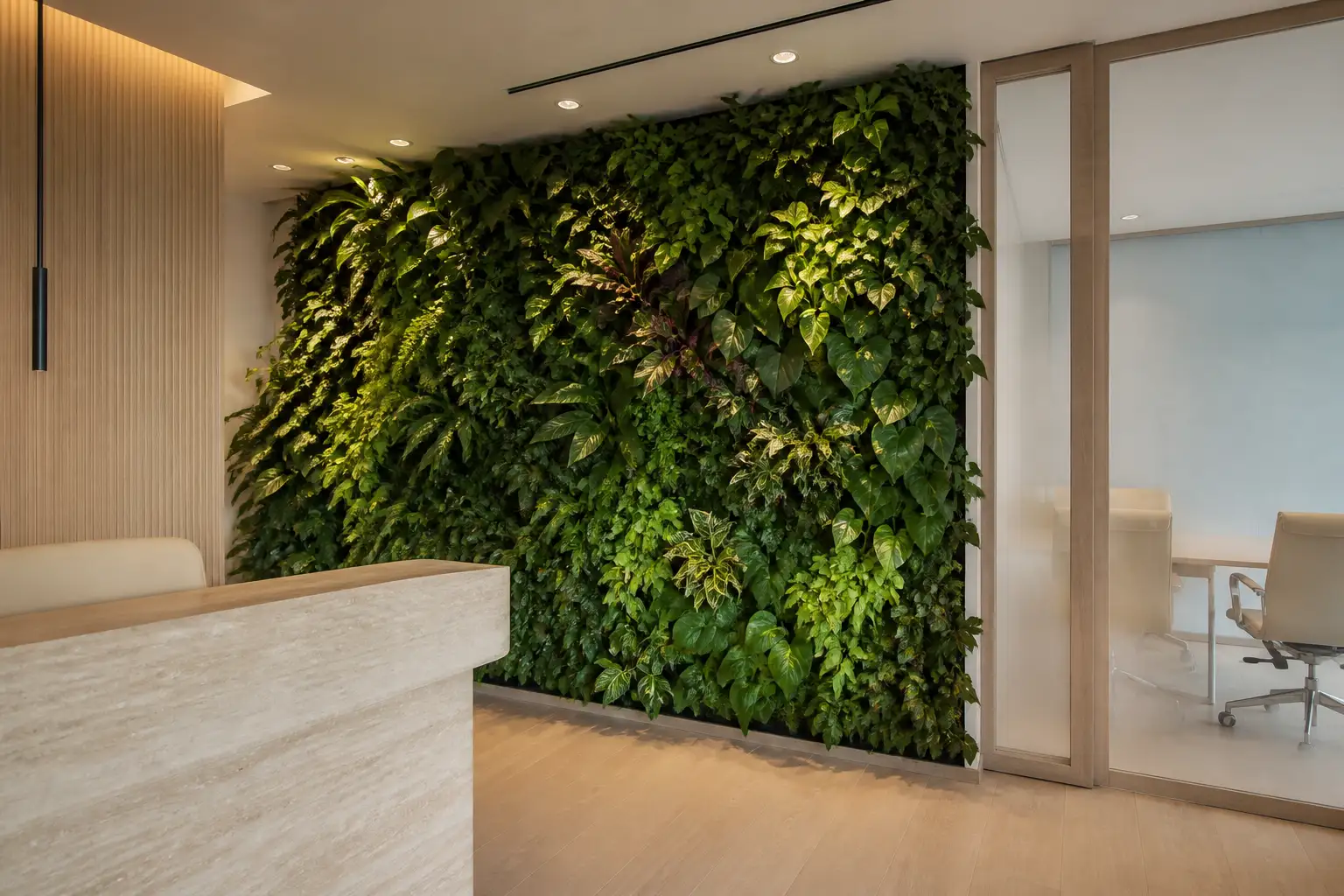Commercial green walls in Hong Kong Illustration of a planted wall in a commercial reception area
