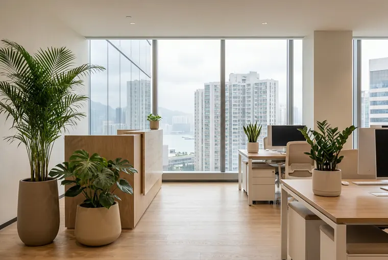 香港辦公室植物租賃 香港辦公室接待處及開放式工作區擺放座地散尾葵、龜背竹及桌面金錢樹