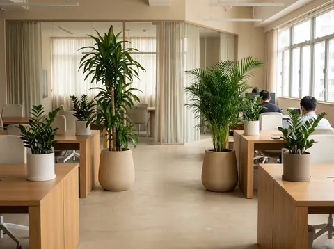 香港辦公室植物租賃 開放式辦公室以座地巴西木及散尾葵分隔工作區,桌面擺放金錢樹