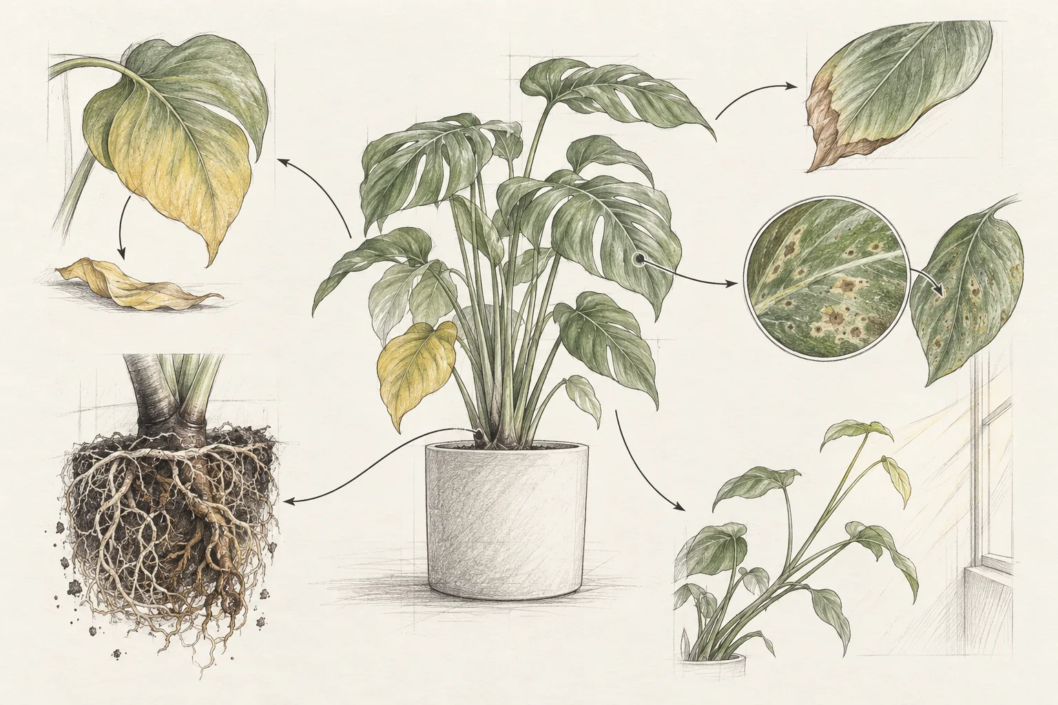 手繪教學圖：黃葉、落葉、軟莖、葉尖變褐及莖部徒長等植物健康徵兆