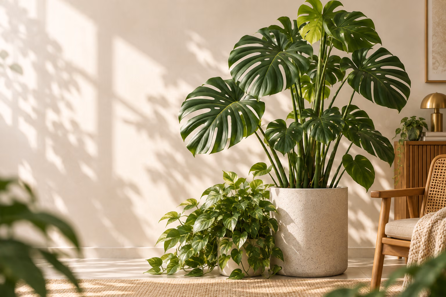Plant Care Guide Concept visual of indoor foliage in warm morning light