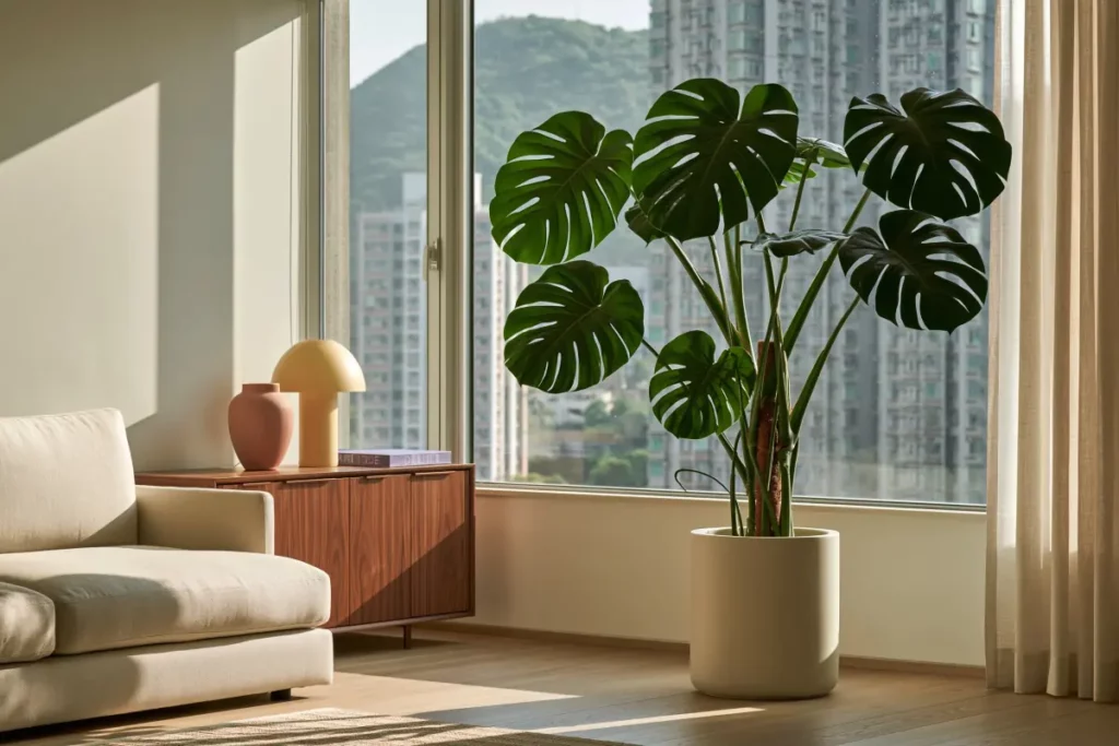 落地窗旁點擺植物?窗簾、開窗與日常動線 龜背竹放在梳化旁的白色落地盆內,窗外可見高樓住宅與山景。