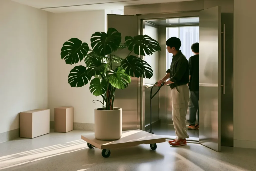 Moving Home with Large Plants A large potted Monstera rests on a flat trolley as a mover checks the route beside an open metal doorway.