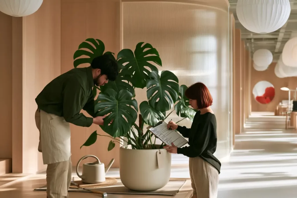 One Plant Scheme, Different Offices: Keeping a Consistent Style In an office, one person examines a Monstera leaf while another writes on a clipboard, with a watering can set aside.