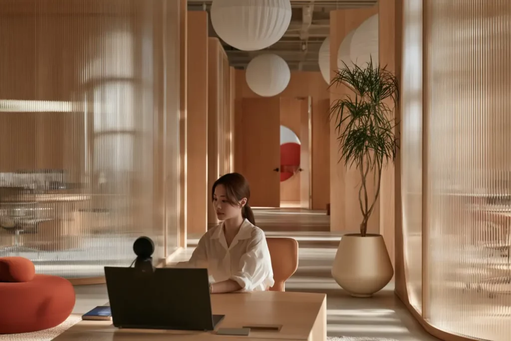 Plants on Camera: Styling a Meeting-Room Background A person sits at a laptop in a meeting room, with a narrow-leaved Dracaena behind and to the right, separate from the head outline.
