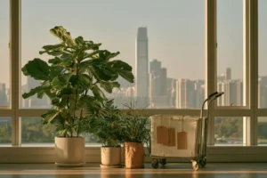 貼有分類標籤的舊盆與退役植物放在手推車旁