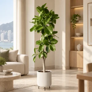 富貴榕（高山榕）置於暖色系客廳，搭配白色花盆。 / Ficus altissima in a warm-toned living room, styled with a white planter.
