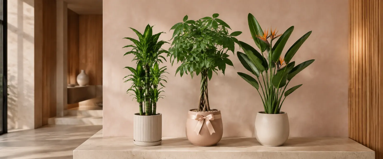 暖粉香檳色調的送禮植物組合場景效果圖