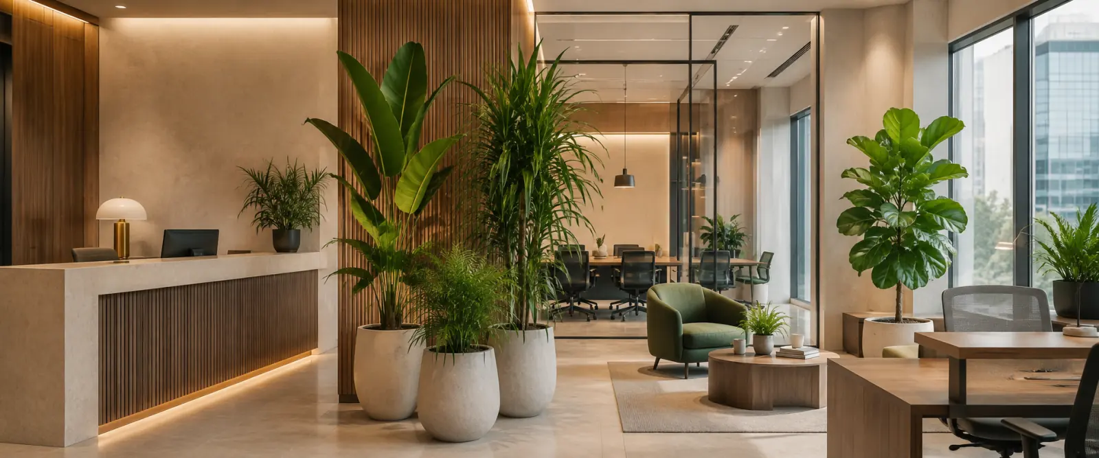 現代辦公室接待處及工作空間的植物組合場景效果圖